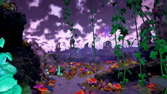 A purple sky over greenery and colorful mushrooms in the fantasy world of Eora in Avowed.