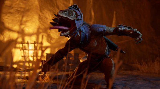 A Xaurips, which is a sentient velociraptor, is yelling because the Avowed release date hasn't happened yet.