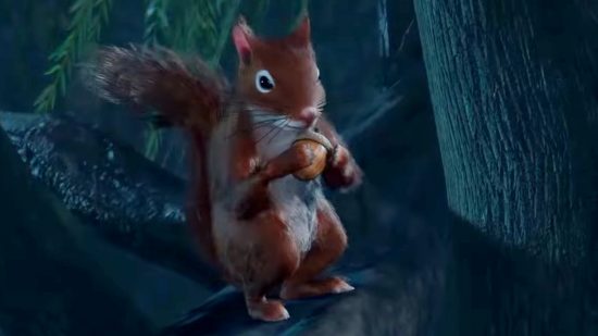 Baldur's Gate 3 spells: A squirrel stands in a tree, holding an acorn.