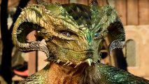Baldur's Gate 3 best builds: A masculine Dragonborn gazes at their companion, their rippling green scales and horns typical of their humanoid race..