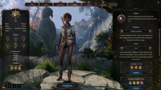 Клирик Baldur's Gate 3: женщина, одетая в кольчугу, с булавой на спине и несколькими экранами игрового меню.