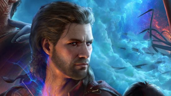 Baldur's Gate 3 companions: a white human male with swept back brown hair and thick stubble.