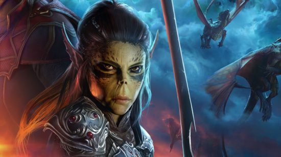 Baldur's Gate 3 companions: a green-skinned orc-like female with point ears holds a thin sword.