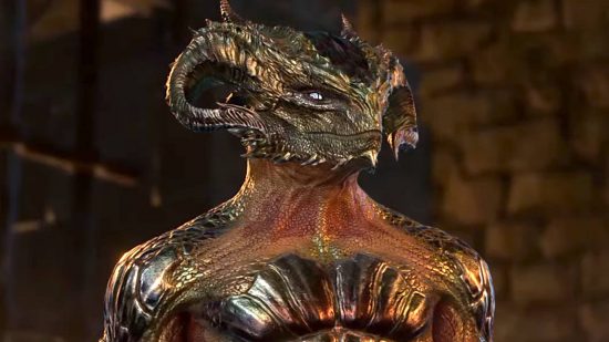 As one of the metallic dragon subraces of the Baldur's Gate 3 Dragonborn, the Gold Dragonborn has a shiny skin and borrows from its ancestors in its regal design. This one is topless.