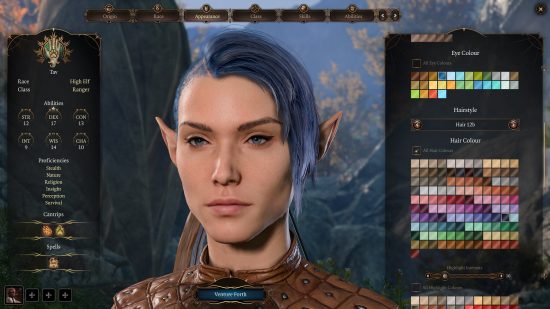 Baldur's Gate 3 Elf: an Elven woman with blue hair, shaved on one side.