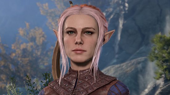 Baldur's Gate 3 gnome female with pink hair and pointed ears