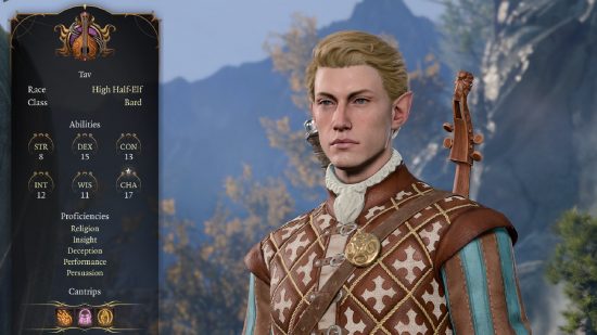 Baldur's Gate 3 Half-Elf: a male Half-Elf with short. blonde hair and a lute strapped to his back.