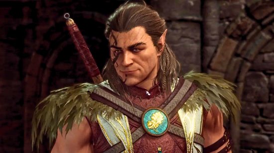 Baldur's gate 3 Halsin stands with leaf adorned shoulders and long brown hair with pointed ears