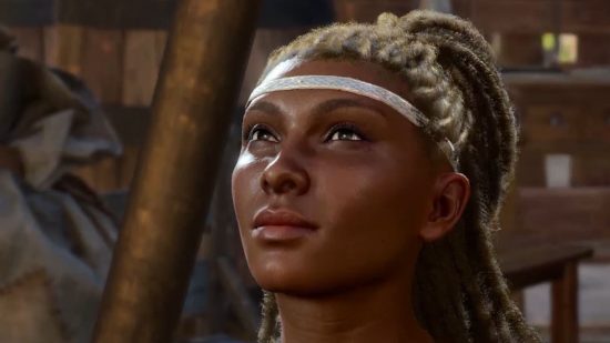 A Baldur's gate 3 human stares up, her blonde hair tied back with a headband across her forehead