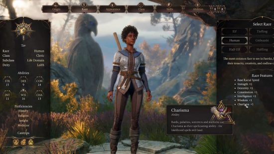 Baldur's Gate 3 human: the character creation screen shows a female character and her stats