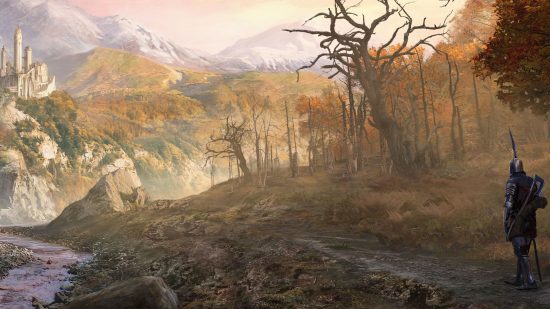 Baldur's Gate 3 lore: a misty field houses several bare trees and lush greenery
