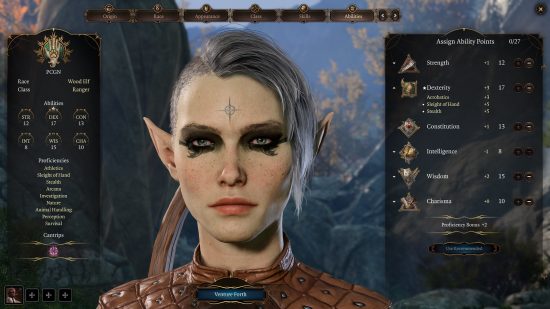 Baldurs Gate 3 Ranger build: a female elf with pointed ears, tattoos on her face, and heavy eye makeup.