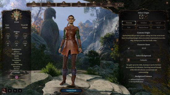 Baldurs Gate 3 Ranger build: a female elf with greenish skin and pointed ears, wearing leather armor and carrying a bow on her back.