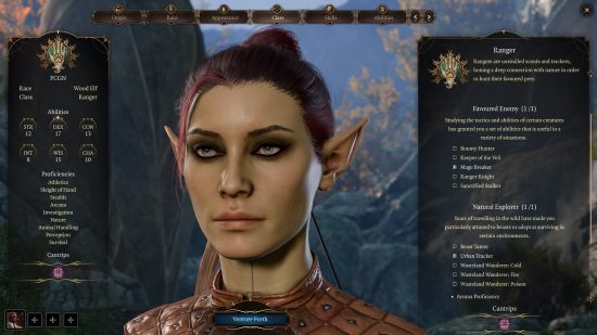 Baldurs Gate 3 Ranger build: a female elf with greenish skin, tied back hair and leather armor.
