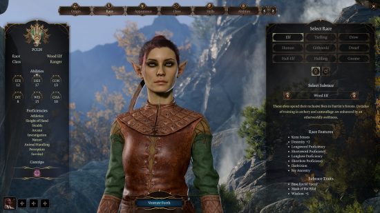 Baldurs Gate 3 Ranger build: a female elf character wearing leather armor.