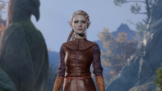 Baldur's Gate 3 Rogue build: a grey-skinned woman with pointed ears wearing light leather armor and carrying a bow on her back.