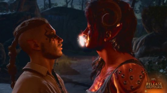Baldur's Gate 3 romance: two humanoids, one breathing light into the other.