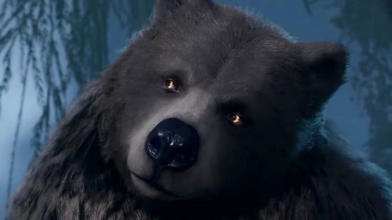 Baldur's Gate 3 spells: A close up of a bear with flames in his eyes.