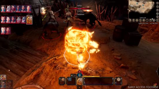 Baldur's Gate 3 spells: A flaming sphere rolls toward three enemies.