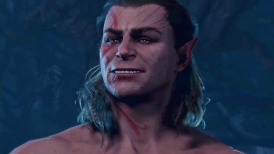 Baldur's Gate 3 - a wide-jawed figure with shoulder-length hair gives a cheesy grin as he stands shirtless in the night.
