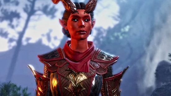 Baldur's Gate 3 tiefling: a red-skinned character with horns and pointed ears wears golden and red armor