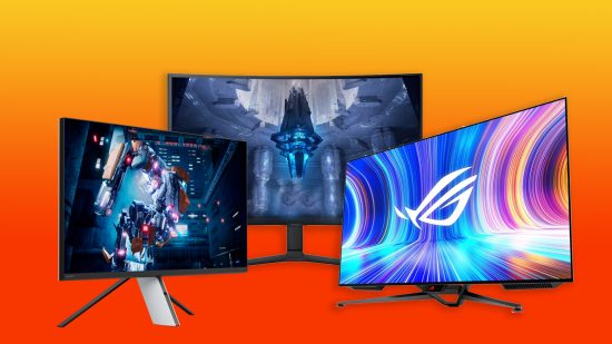 Najlepsze monitory gier 4K - trzy monitory z Asus, Samsunga i Sony na pomarańczowym tle