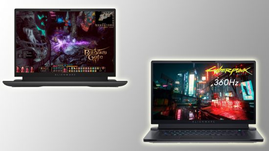 Beste Alienware -laptops: twee laptops van Alienware Gaming op een grijze gradiëntachtergrond
