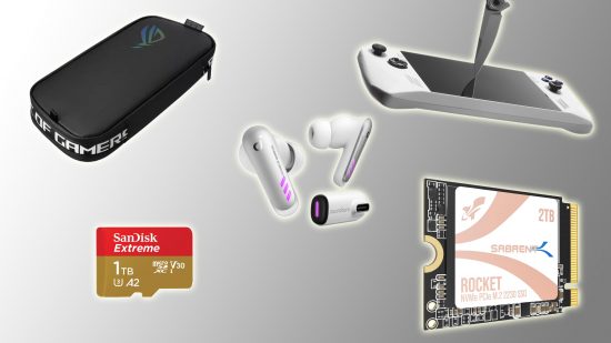 The best Asus ROG Ally accessories: a microsd card, screen protector, earphones and case floating on a gray background