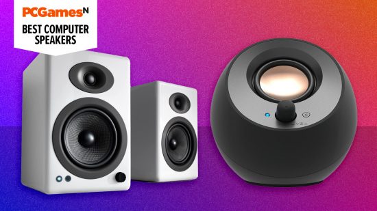 Best computer speakers - two of the best speakers for gaming on a pink background
