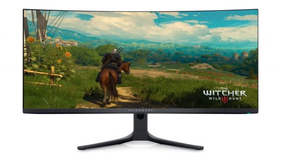 Migliori monitor da gioco curvo - The Alienware AW3423DWF su uno sfondo bianco
