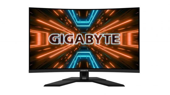 I migliori monitor di gioco curvo - Gigabyte M32uc su uno sfondo bianco