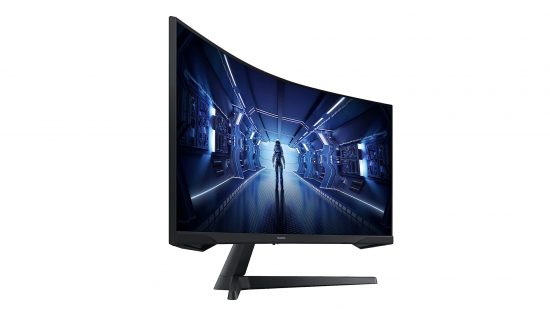 Migliori monitor da gioco curvo - The Samsung Odyssey G5 LC34 su uno sfondo bianco