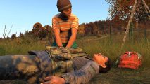 best dayz servers: a woman earing hunting equipment laying on the grass as a woman in casual attire tries to resuscitate her