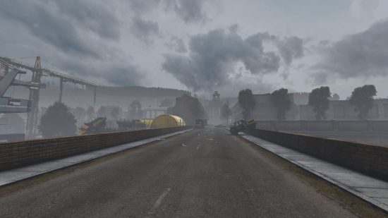 best dayz servers: an empty road leading towards buildings with two broken down cars on the sides 