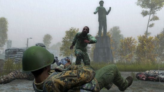 best dayz servers: a black man in military attire points an assault rifle towards a zombie in camouflaged clothing