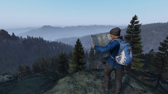 best dayz servers: a man in winter clothing and a survival backpack surveys the land on top of a large rock with a travel map