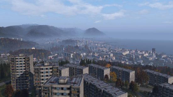 best dayz servers: an overview shot of a small town filled with high rise buildings covered in fog