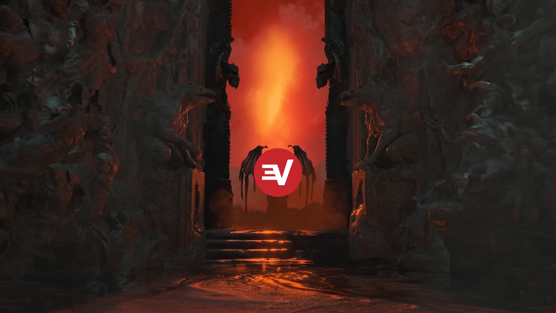 Best Diablo 4 VPN: ExpressVPN. Image shows the ExpressVPN logo standing demonically with wings in a doorway.