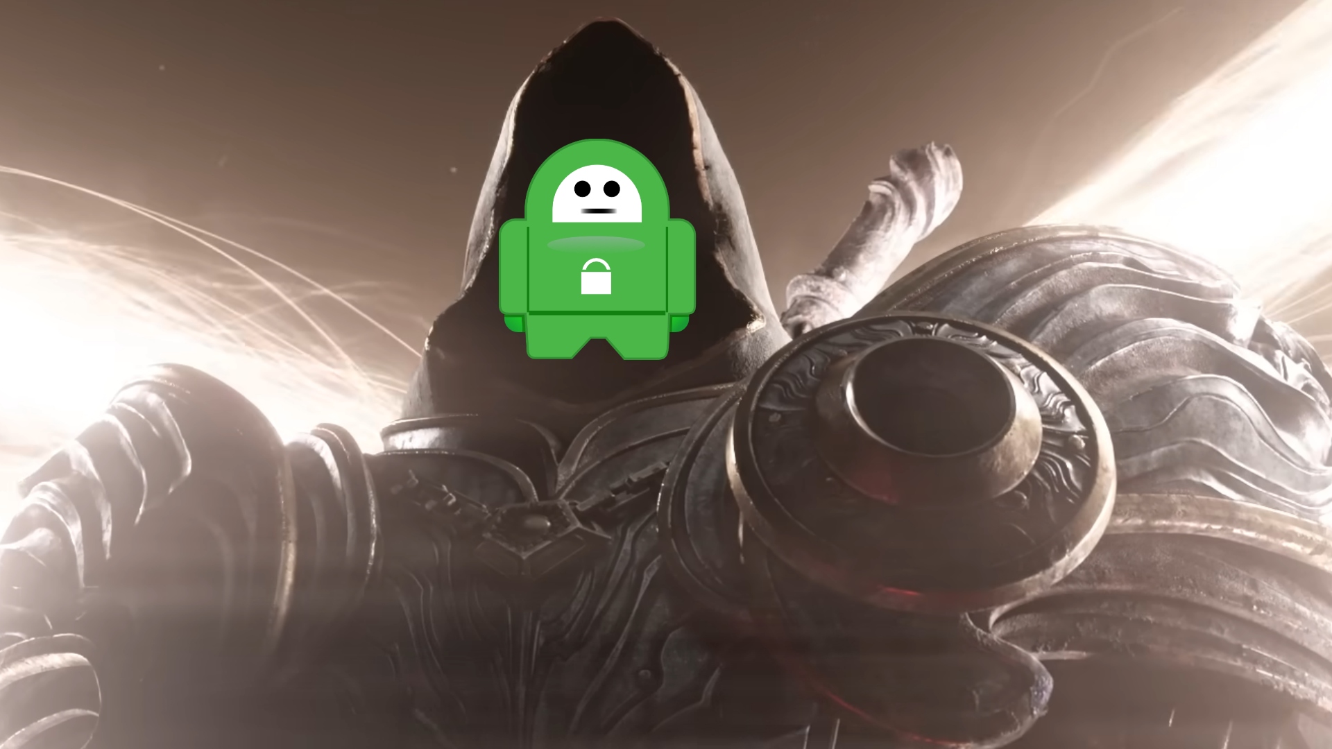 Best Diablo 4 VPN: Private Internet Access. Image shows the PIA logo in a menacing, hooded outfit.