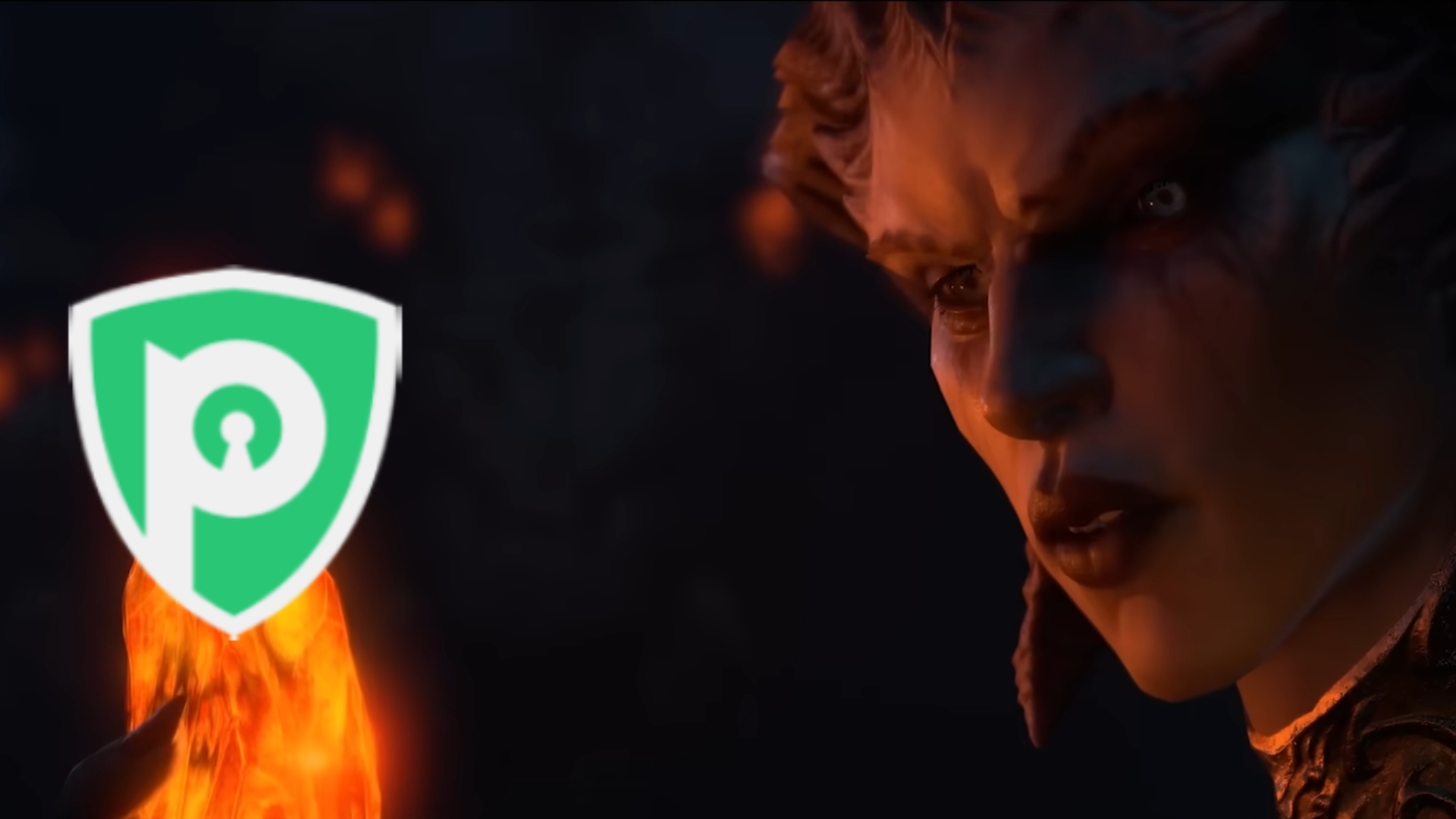 Best Diablo 4 VPN: PureVPN. Image shows Lilith holding a crystal with the PureVPN logo on it.