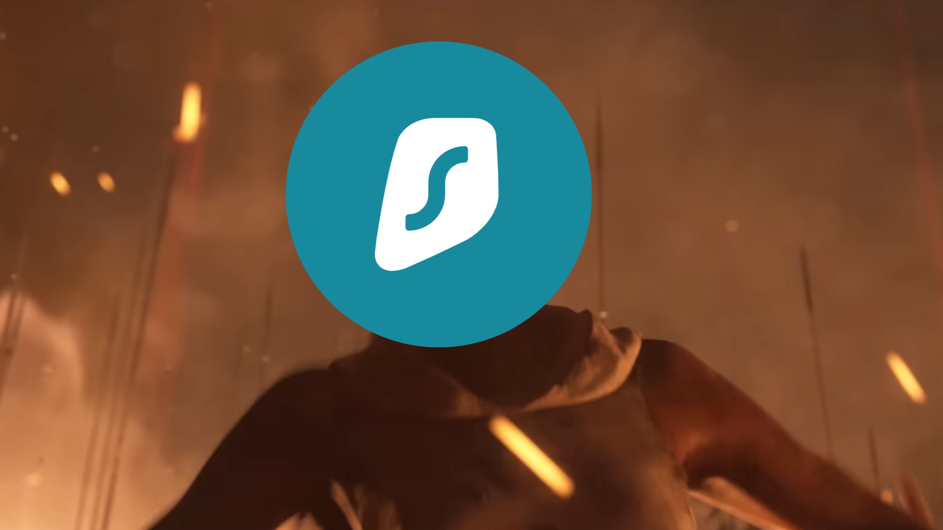 Best Diablo 4 VPN: Surfshark. Image shows Surfshark standing in a flaming battleground.