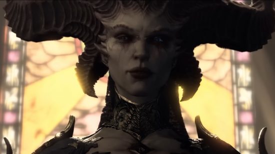 Best Diablo 4 VPN: image shows Lilith looking malicious, thinking about internet privacy.