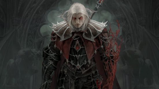 A pale man with white hair and glowing red eyes stands in the shadows dressed in red and silver spiked armor with a weapon on his back