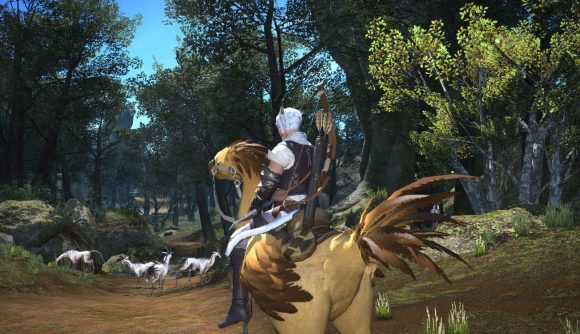 Best fantasy games: Final Fantasy XIV. Image shows a character riding a chocobo through the forest.
