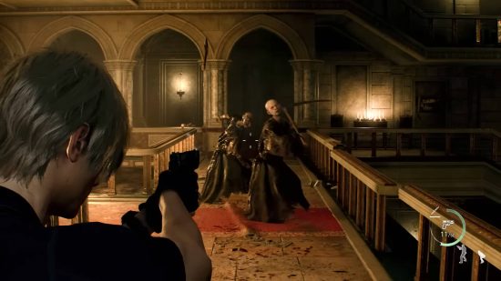 Best horror games: Leon is about to shoot two infected monks in a church.