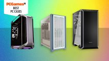 Three of the best PC cases against a bright gradient background