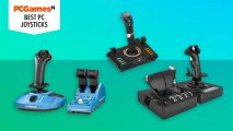 Best PC joysticks - three PC joysticks from Logitech, Thrustmaster on a brightly colored green background