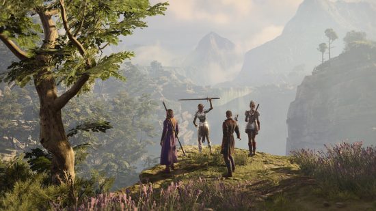 Група от авантюристи се събират на тревист връх с изглед към земята, в една от най -добрите RPG игри, Балдур
