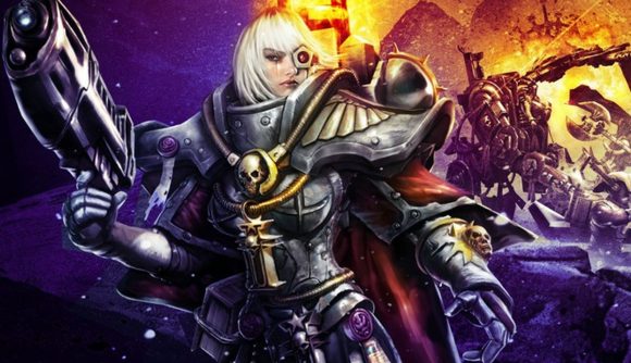 Two of the best Warhammer 40k games are on sale, praise the Emperor: A woman with white hair in hulking black and gold armor stands with her gun raised in her left hand as battle ensues around her