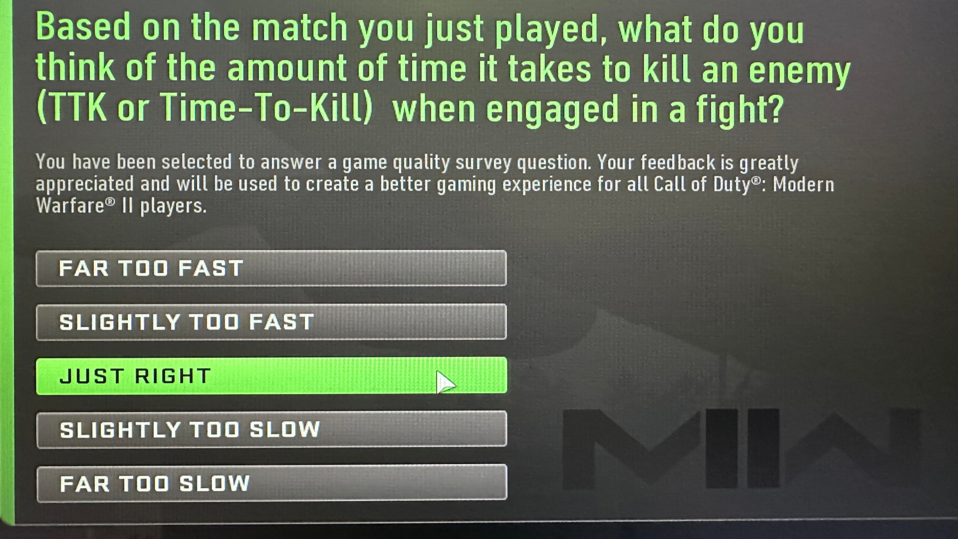 Call of Duty Modern Warfare 3 TTK: An image of a survey from FPS game CoD MW2